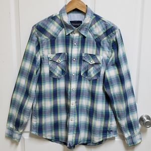 American Eagle Shirt Mens Large Blue Gray Plaid Pearl Snap Yoke Western Cowboy